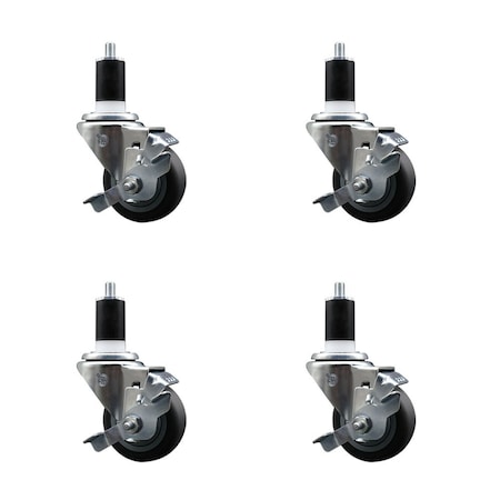 Service Caster 3'' Thermoplastic Rubber Swivel 1-1/2'' Expanding Stem Caster Set with Brake, 4PK SCC-EX20S314-TPRB-TLB-112-4